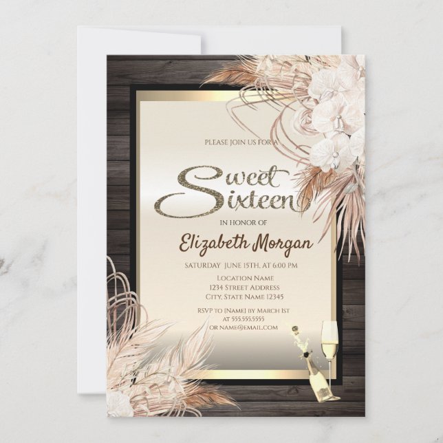 Boho Blume Pampas Grass Wood Sweet 16 Einladung (Vorderseite)