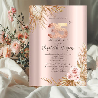Boho Blume Pampas Rose Gold 35. Geburtstag Einladung