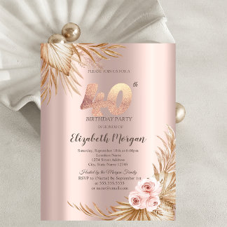Boho Blume Pampas Rose Gold 40. Geburtstag Einladung