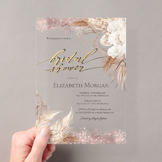 Boho Blume Rose Gold Confetti Brautparty Acryleinladungen (Insitu (Handheld))