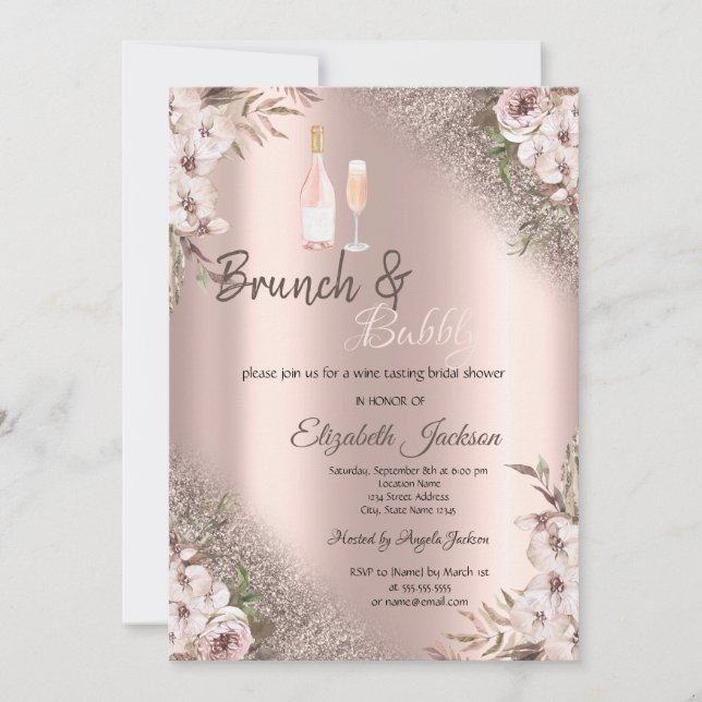 Boho Blume Rose Gold Glitzer Brunch & Bubbly Einladung (Vorderseite)