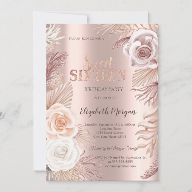 Boho Blume Rose Gold Sweet 16 Einladung (Vorderseite)
