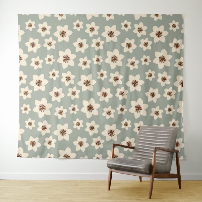 Boho Blume - Salbei, grüner Hintergrund Wandteppich (Beispiel (Horizontal))