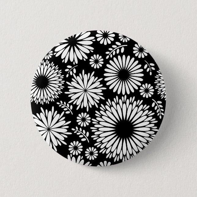 Boho Blume Schwarz-Weiß-Vektorblumenmuster Button (Vorderseite)