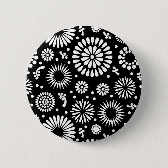 Boho Blume Schwarz-Weiß-Vektorblumenmuster Button (Vorderseite)