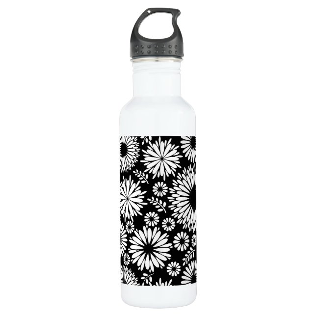 Boho Blume Schwarz-Weiß-Vektorblumenmuster Edelstahlflasche (Vorderseite)