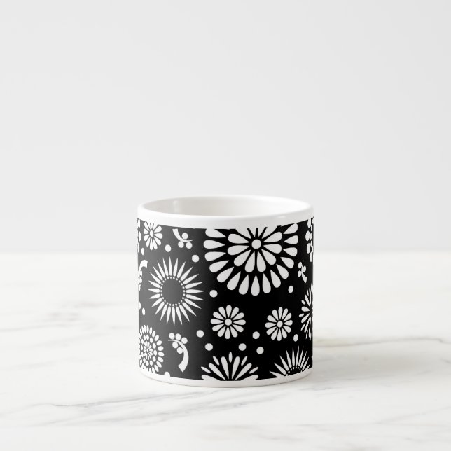 Boho Blume Schwarz-Weiß-Vektorblumenmuster Espressotasse (Vorderseite)