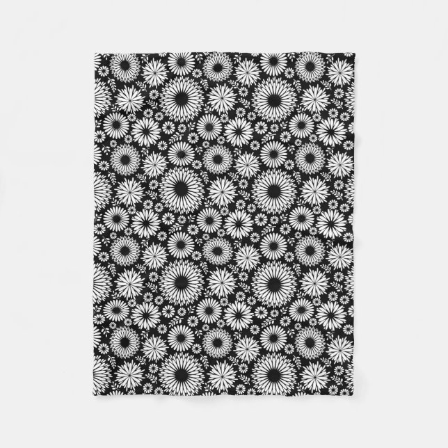 Boho Blume Schwarz-Weiß-Vektorblumenmuster Fleecedecke (Vorderseite)