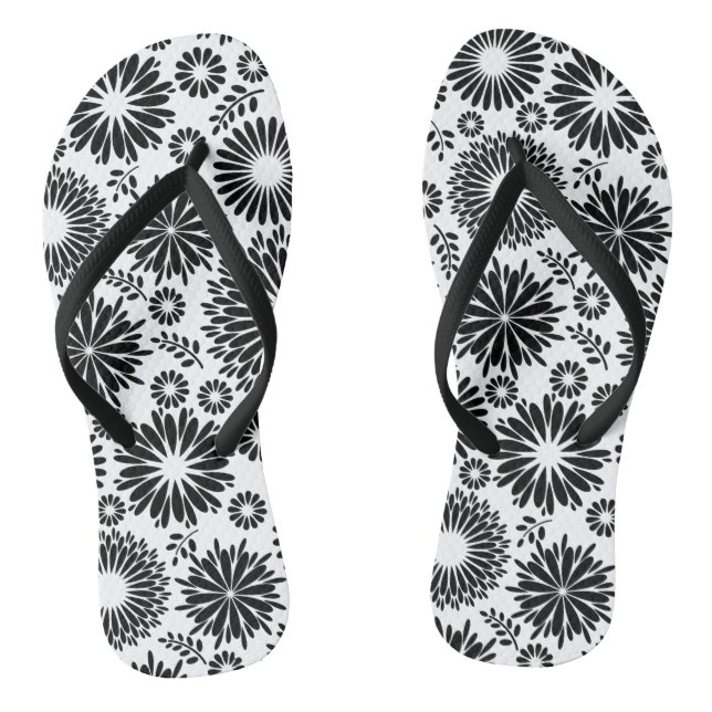 Boho Blume Schwarz-Weiß-Vektorblumenmuster Flip Flops (Fußbett)