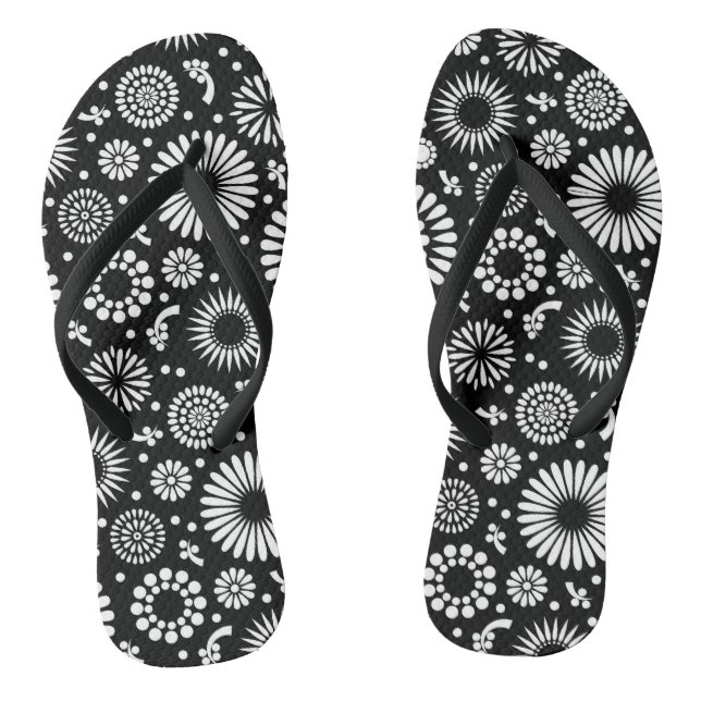 Boho Blume Schwarz-Weiß-Vektorblumenmuster Flip Flops (Fußbett)