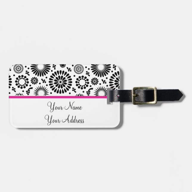 Boho Blume Schwarz-Weiß-Vektorblumenmuster Gepäckanhänger (Vorderseite horizontal)