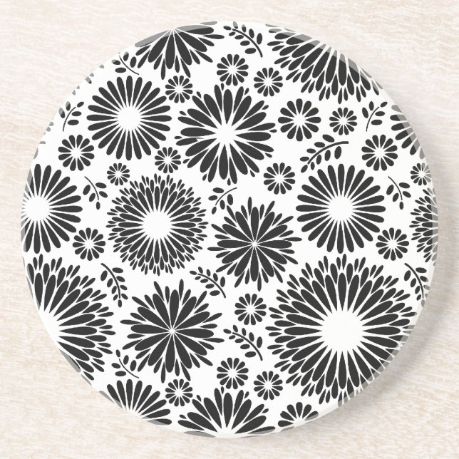 Boho Blume Schwarz-Weiß-Vektorblumenmuster Getränkeuntersetzer (Vorne)