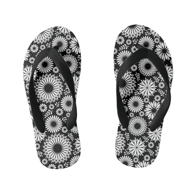 Boho Blume Schwarz-Weiß-Vektorblumenmuster Kinderbadesandalen (Fußbett)