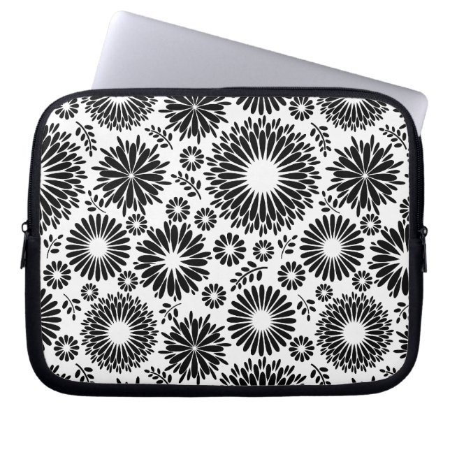 Boho Blume Schwarz-Weiß-Vektorblumenmuster Laptopschutzhülle (Vorderseite)
