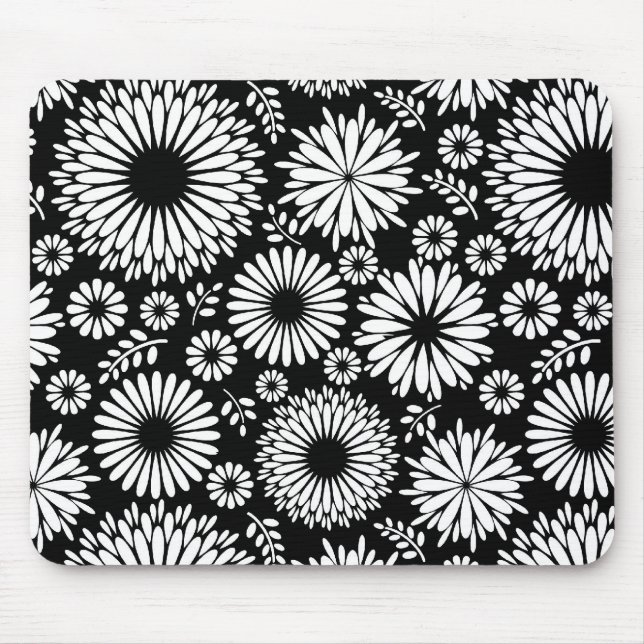 Boho Blume Schwarz-Weiß-Vektorblumenmuster Mousepad (Vorne)