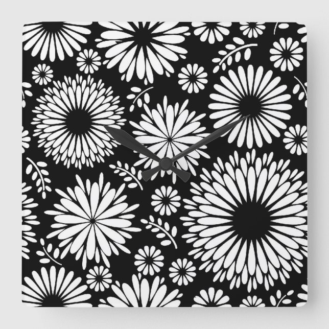 Boho Blume Schwarz-Weiß-Vektorblumenmuster Quadratische Wanduhr (Vorderseite)