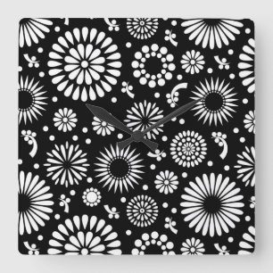Boho Blume Schwarz-Weiß-Vektorblumenmuster Quadratische Wanduhr