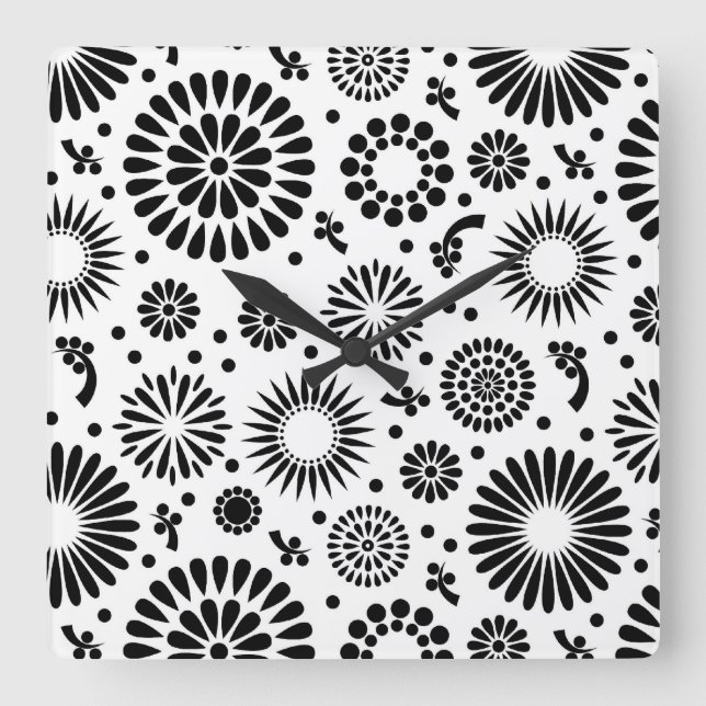 Boho Blume Schwarz-Weiß-Vektorblumenmuster Quadratische Wanduhr (Vorderseite)