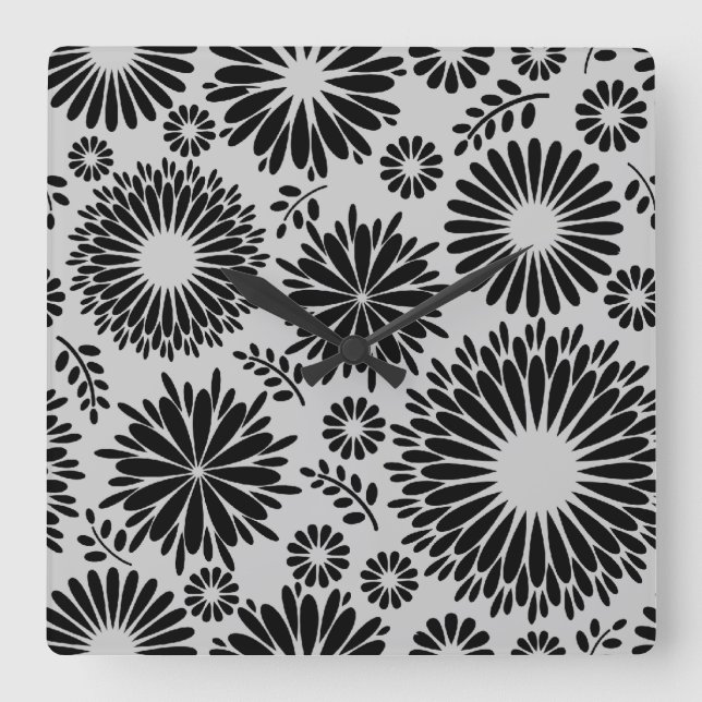 Boho Blume Schwarz-Weiß-Vektorblumenmuster Quadratische Wanduhr (Vorderseite)