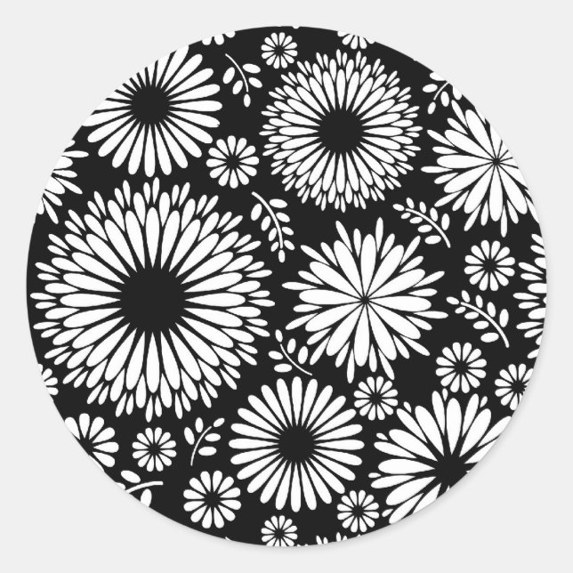 Boho Blume Schwarz-Weiß-Vektorblumenmuster Runder Aufkleber (Vorderseite)