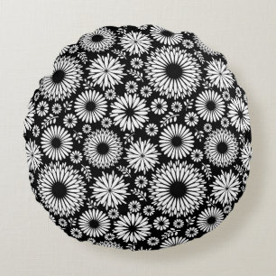 Boho Blume Schwarz-Weiß-Vektorblumenmuster Rundes Kissen
