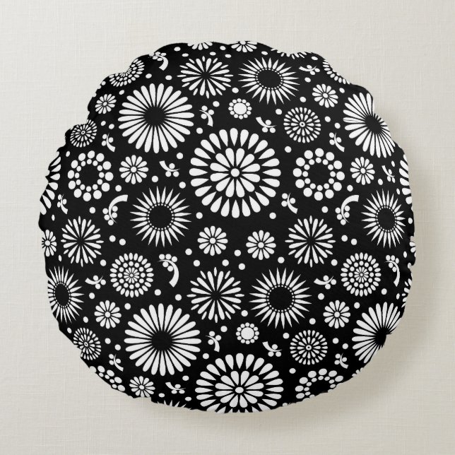 Boho Blume Schwarz-Weiß-Vektorblumenmuster Rundes Kissen (Vorderseite)