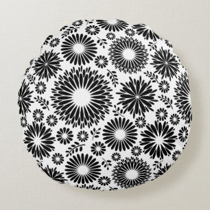 Boho Blume Schwarz-Weiß-Vektorblumenmuster Rundes Kissen