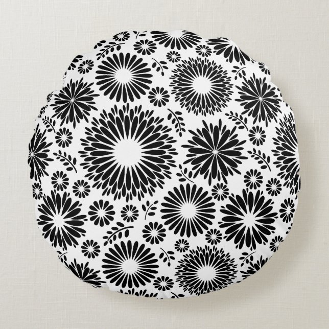 Boho Blume Schwarz-Weiß-Vektorblumenmuster Rundes Kissen (Vorderseite)