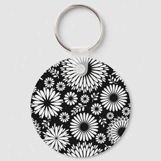 Boho Blume Schwarz-Weiß-Vektorblumenmuster Schlüsselanhänger (Vorderseite)