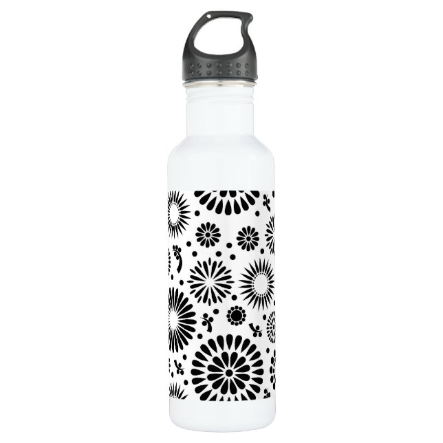 Boho Blume Schwarz-Weiß-Vektorblumenmuster Trinkflasche (Vorderseite)