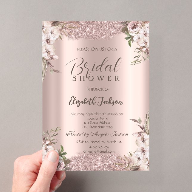 Boho Blume Shiny Frame Rose Gold Brautparty Acryleinladungen (Insitu (Handheld))