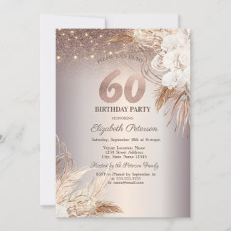 Boho Blume, String Lights Glitzer 60. Geburtstag Einladung