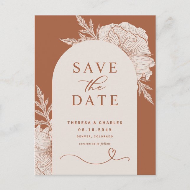 Boho Blume Terracotta Arch Save the Date Ankündigungspostkarte (Vorderseite)