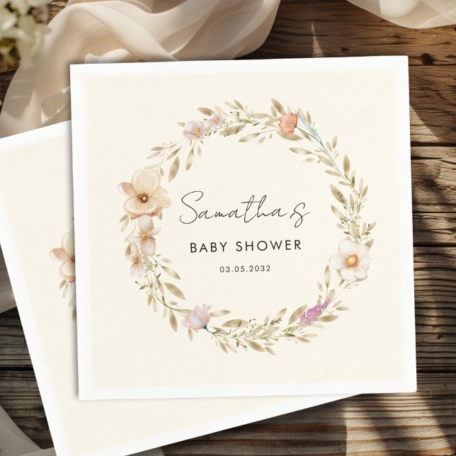 Boho-Blumen-Baby-Party Serviette (Boho Flower Baby Shower Custom Napkins with your Name & Date. For Baby Girl & Baby Boy.)