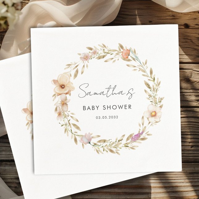 Boho-Blumen-Baby-Party Serviette (Boho Flower Baby Shower Custom Napkins with your Name & Date. For Baby Girl & Baby Boy.)