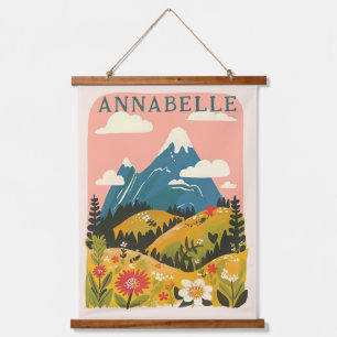 Boho-Blumen-Berg-Illustration Vorname Wandteppich Mit Holzrahmen