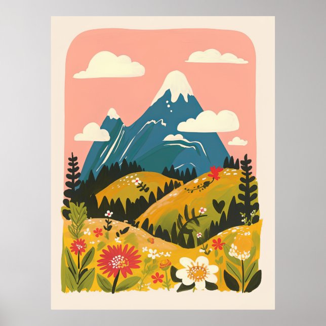 Boho-Blumen-Berglandschaft-Illustration Poster (Vorne)