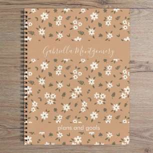Boho-Blumen-Botanisches Muster Mädchen Braun Name Notizbuch