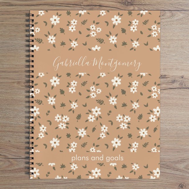 Boho-Blumen-Botanisches Muster Mädchen Braun Name  Notizbuch (Von Creator hochgeladen)