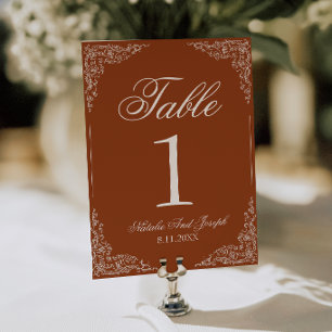 Boho-Blumen- burnt orange-rust-Hochzeit-Tischnumme Einladung