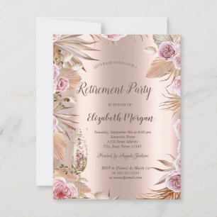 Boho-Blumen, Champagnerglas, Roségold-Ruhestand Einladung