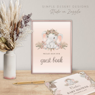 Boho-Blumen-Elefanten-Baby-Party-Gästebuch-Signatu Poster