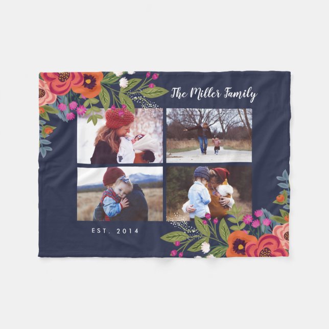 Boho Blumen-Familien-Foto-Collage Fleecedecke (Vorderseite (Horizontal))