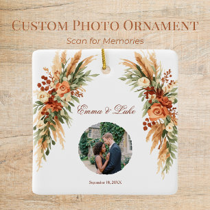 Boho-Blumen-Foto-QR-Code-Ornament Personalisiert Keramikornament