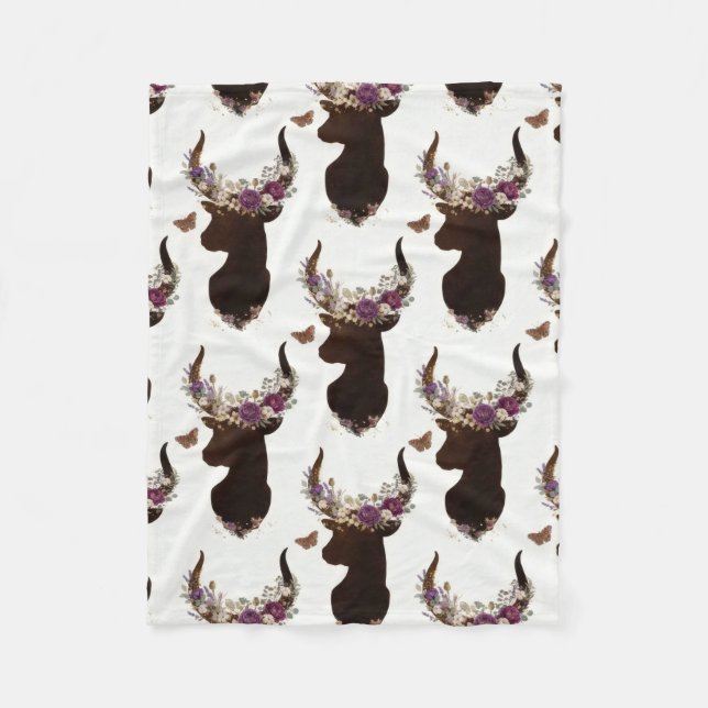 Boho-Blumen-Hirsch- und Schmetterlingsmuster - Wal Fleecedecke (Vorderseite)