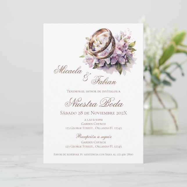 Boho-Blumen-Hochzeit auf Spanisch mit Ring Einladung (Stehend Vorderseite)