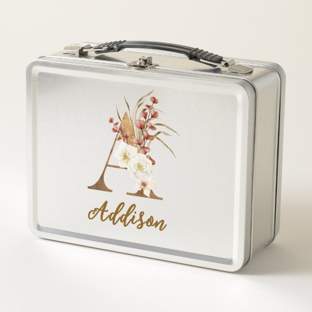 Boho-Blumen-Initiale A-Monogramm-Hochzeitsgunst Metall Brotdose (Vorderseite)