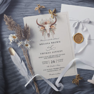 Boho-Blumen-Kuh-Schädel-Western-QR-Code-Hochzeit Einladung