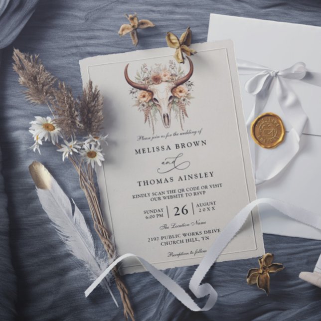 Boho-Blumen-Kuh-Schädel-Western-QR-Code-Hochzeit Einladung (Von Creator hochgeladen)