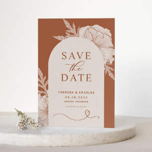 Boho-Blumen-Linienkunst Terrakotta-Bogen Save The Date
